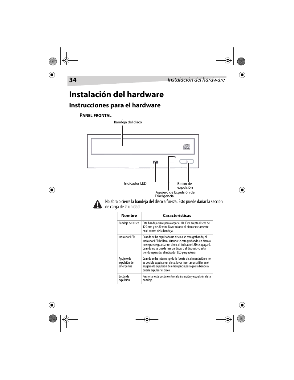 Instrucciones para el hardware, Instalación del hardware | Dynex DX-CDRW52 User Manual | Page 34 / 47