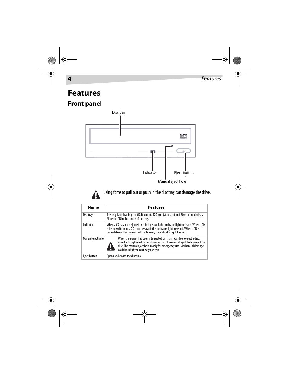 Front panel, Features | Dynex DX-CDRW52 User Manual | Page 4 / 47