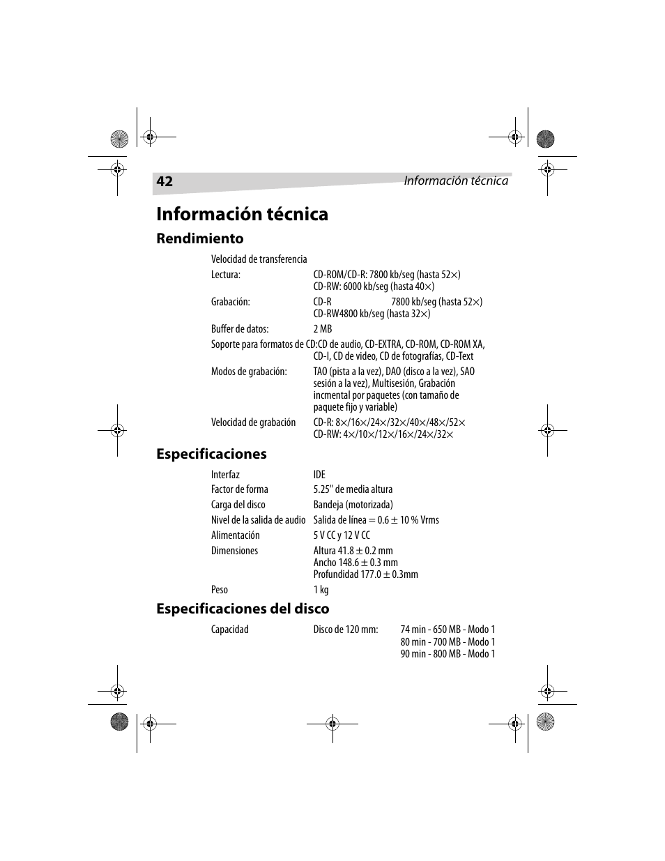 Información técnica | Dynex DX-CDRW52 User Manual | Page 42 / 47