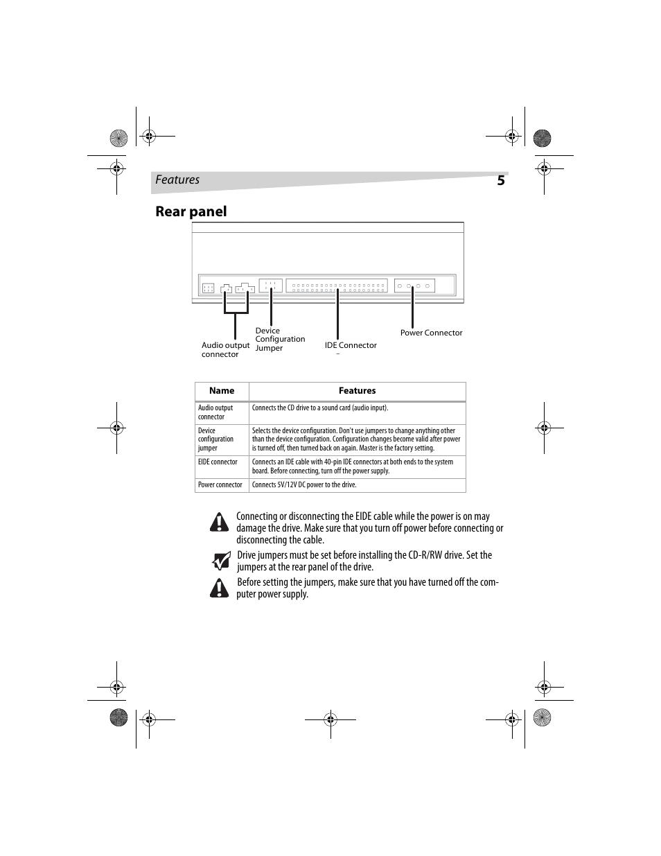 5rear panel, Features | Dynex DX-CDRW52 User Manual | Page 5 / 47