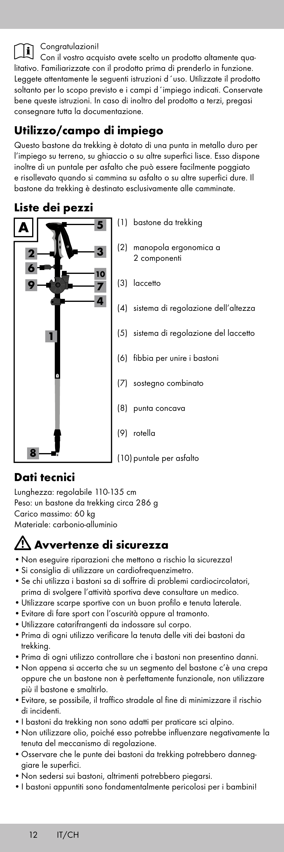 Utilizzo/campo di impiego, Liste dei pezzi, Dati tecnici | Avvertenze di sicurezza | Crivit TS-1853 User Manual | Page 12 / 28