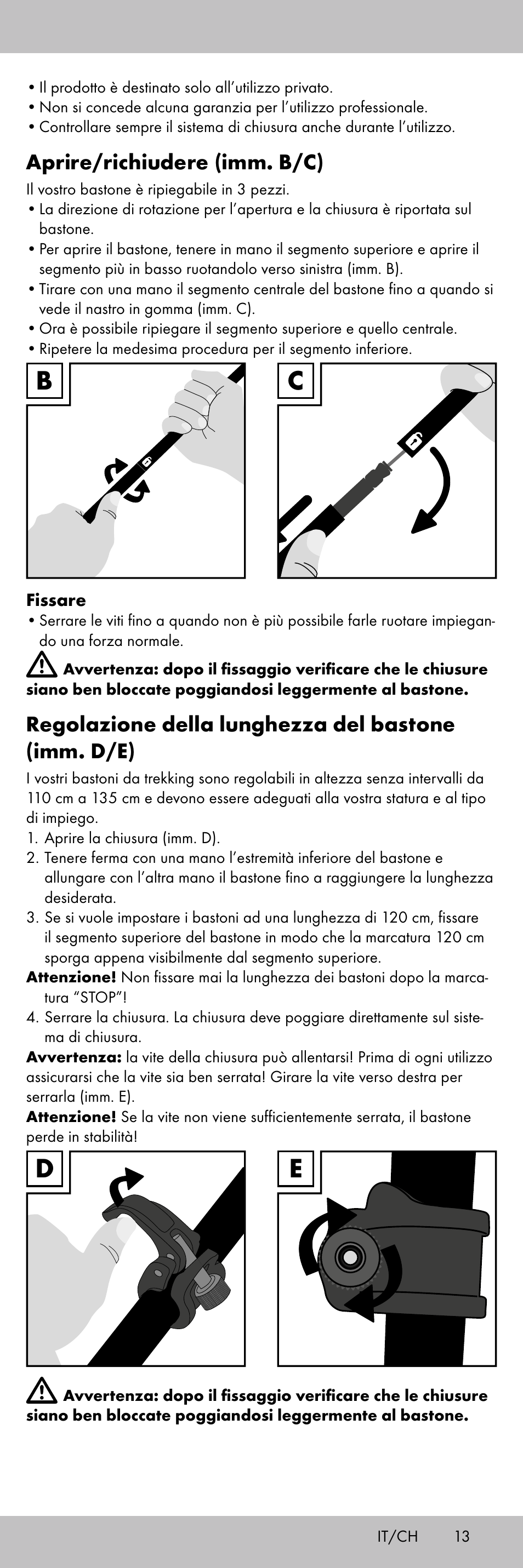 Aprire/richiudere (imm. b/c), Regolazione della lunghezza del bastone (imm. d/e) | Crivit TS-1853 User Manual | Page 13 / 28