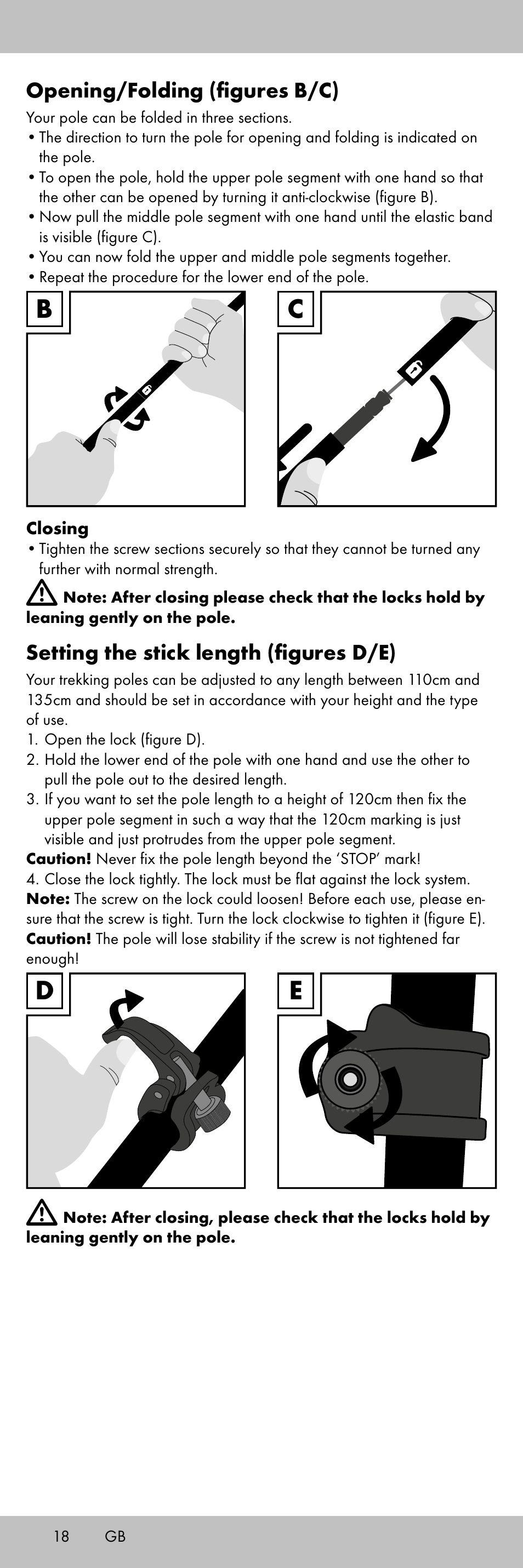 Opening/folding (figures b/c), Setting the stick length (figures d/e) | Crivit TS-1853 User Manual | Page 18 / 28