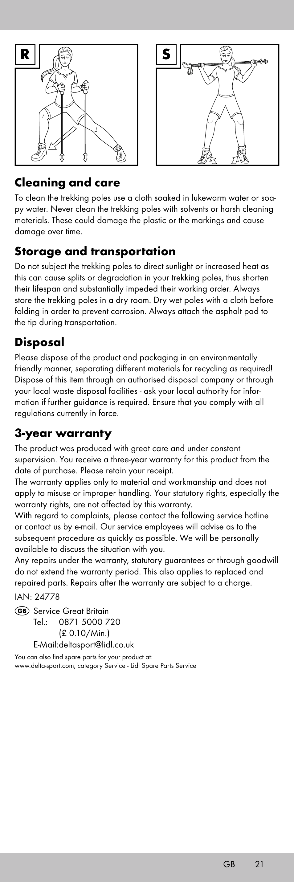 Cleaning and care, Storage and transportation, Disposal | Year warranty | Crivit TS-1853 User Manual | Page 21 / 28