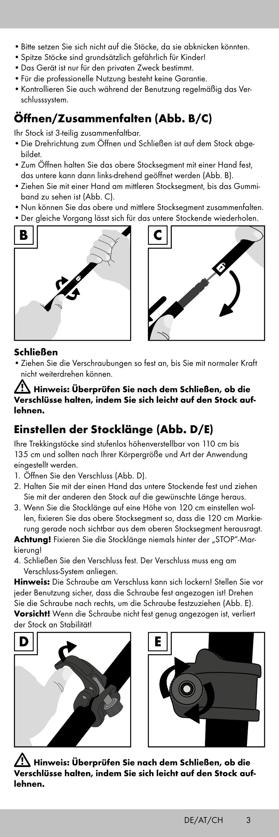 Öffnen/zusammenfalten (abb. b/c), Einstellen der stocklänge (abb. d/e) | Crivit TS-1853 User Manual | Page 3 / 28
