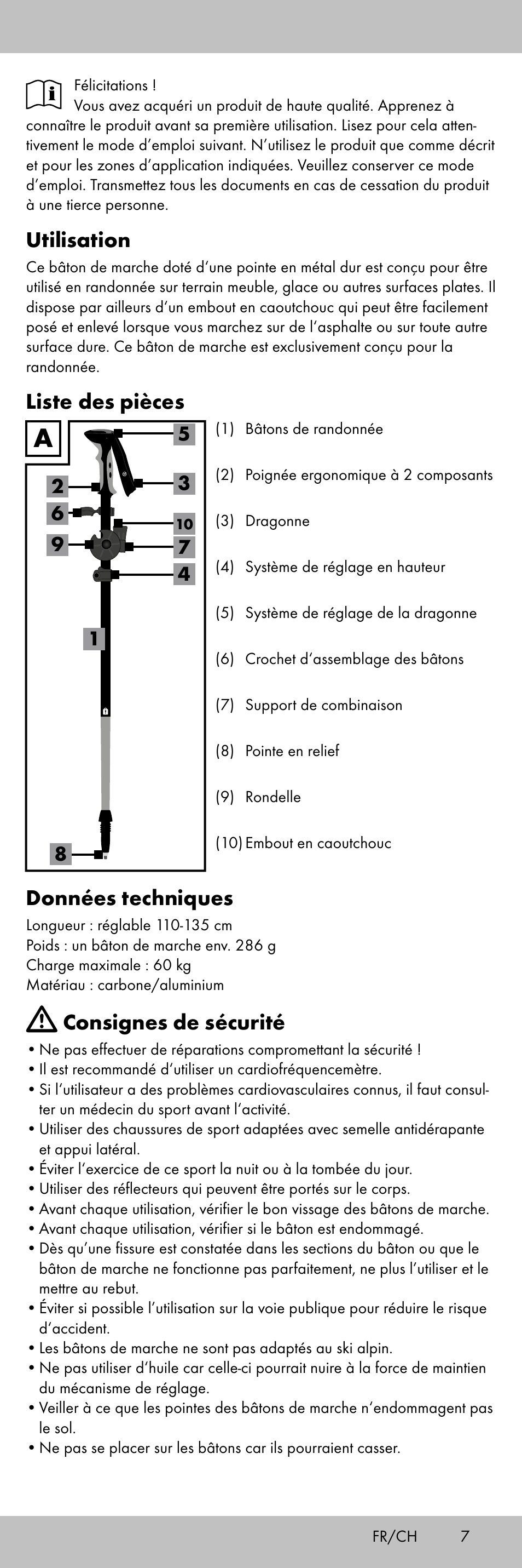 Utilisation, Liste des pièces, Données techniques | Consignes de sécurité | Crivit TS-1853 User Manual | Page 7 / 28
