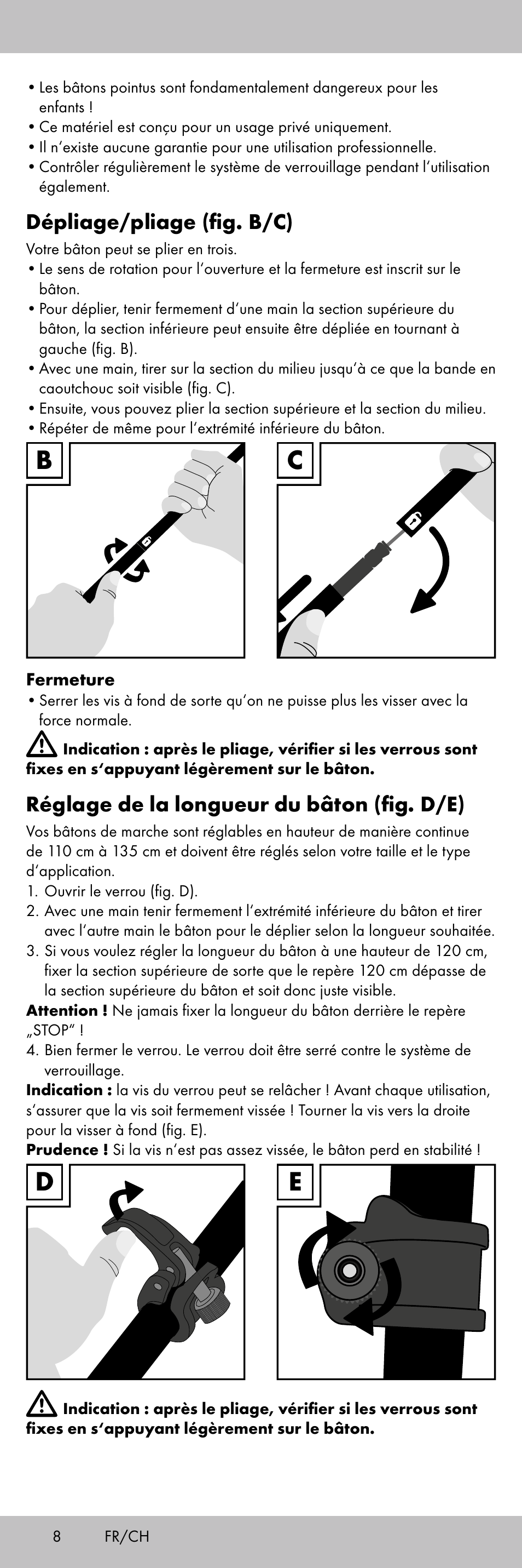 Dépliage/pliage (fig. b/c), Réglage de la longueur du bâton (fig. d/e) | Crivit TS-1853 User Manual | Page 8 / 28