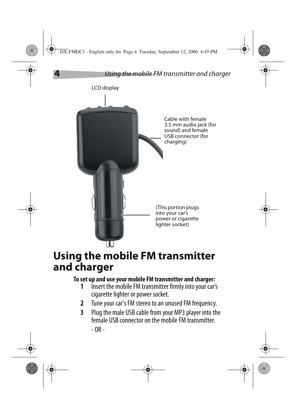 Using the mobile fm transmitter and charger | Dynex DX-FMDC1 User Manual | Page 4 / 12