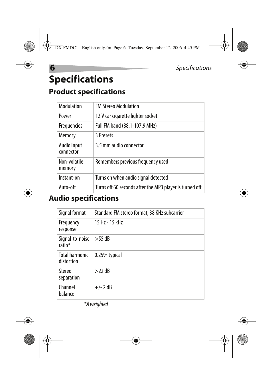 Specifications, Product specifications audio specifications | Dynex DX-FMDC1 User Manual | Page 6 / 12