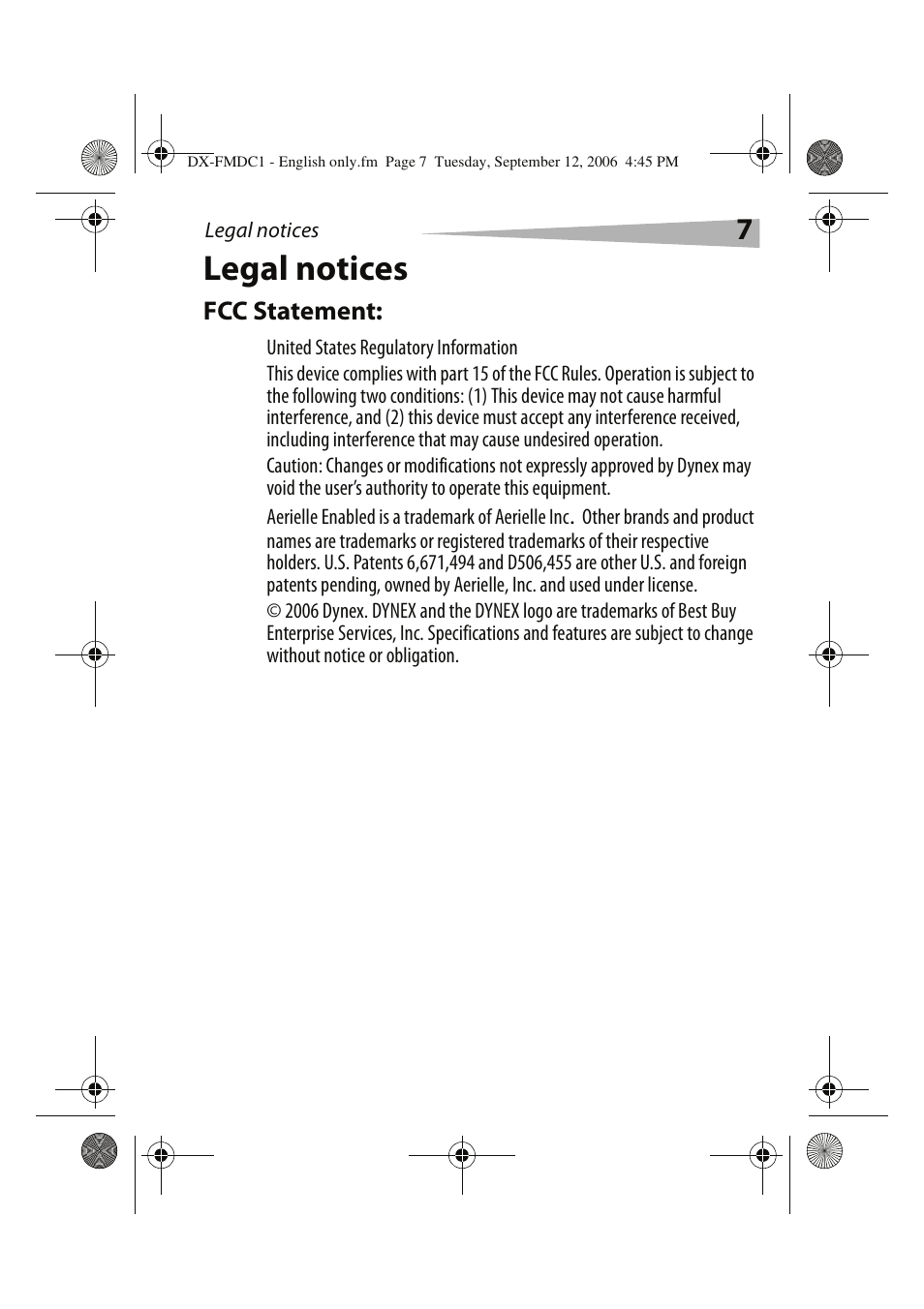 Legal notices | Dynex DX-FMDC1 User Manual | Page 7 / 12