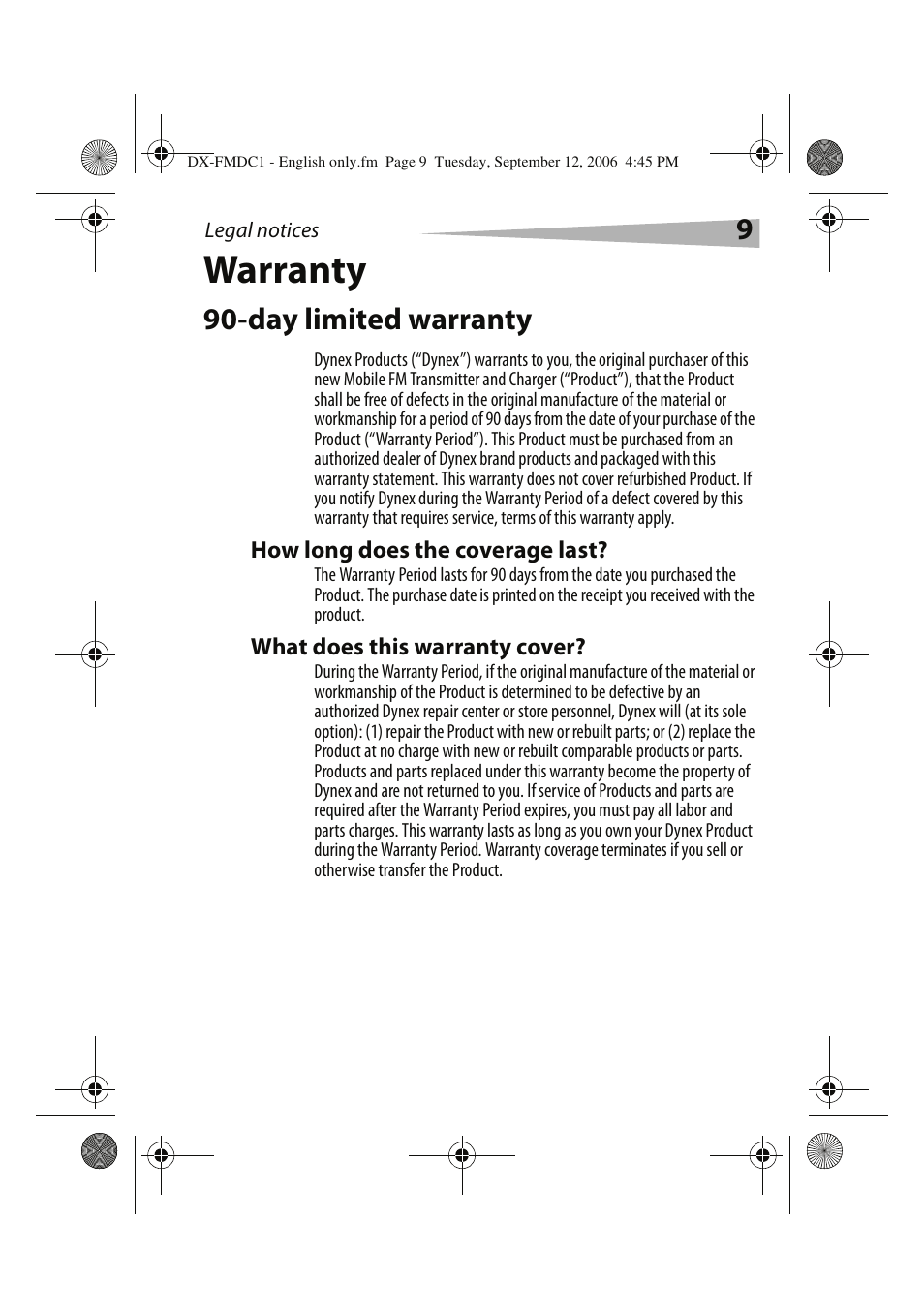 Warranty, Day limited warranty | Dynex DX-FMDC1 User Manual | Page 9 / 12