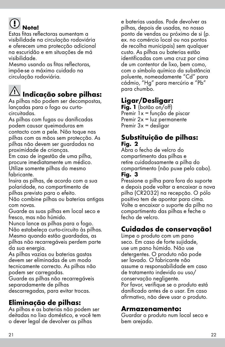 Indicação sobre pilhas, Eliminação de pilhas, Ligar/desligar | Substituição de pilhas, Cuidados de conservação, Armazenamento | Crivit E81012 User Manual | Page 12 / 21
