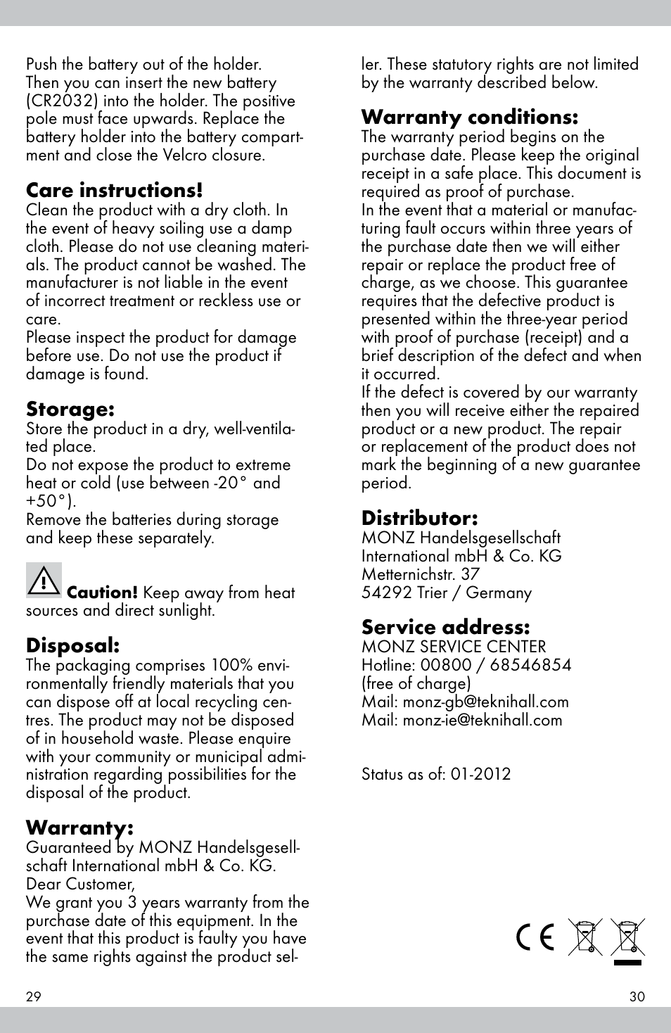 Care instructions, Storage, Disposal | Warranty, Warranty conditions, Distributor, Service address | Crivit E81012 User Manual | Page 16 / 21