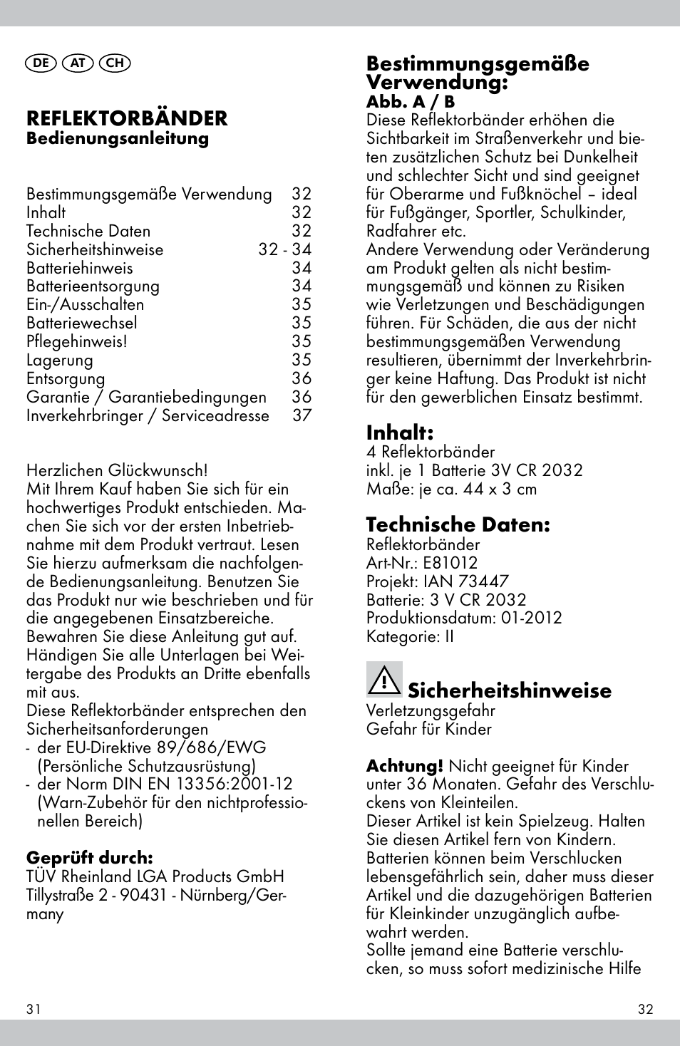 Reflektorbänder, Bestimmungsgemäße verwendung, Inhalt | Technische daten, Sicherheitshinweise | Crivit E81012 User Manual | Page 17 / 21