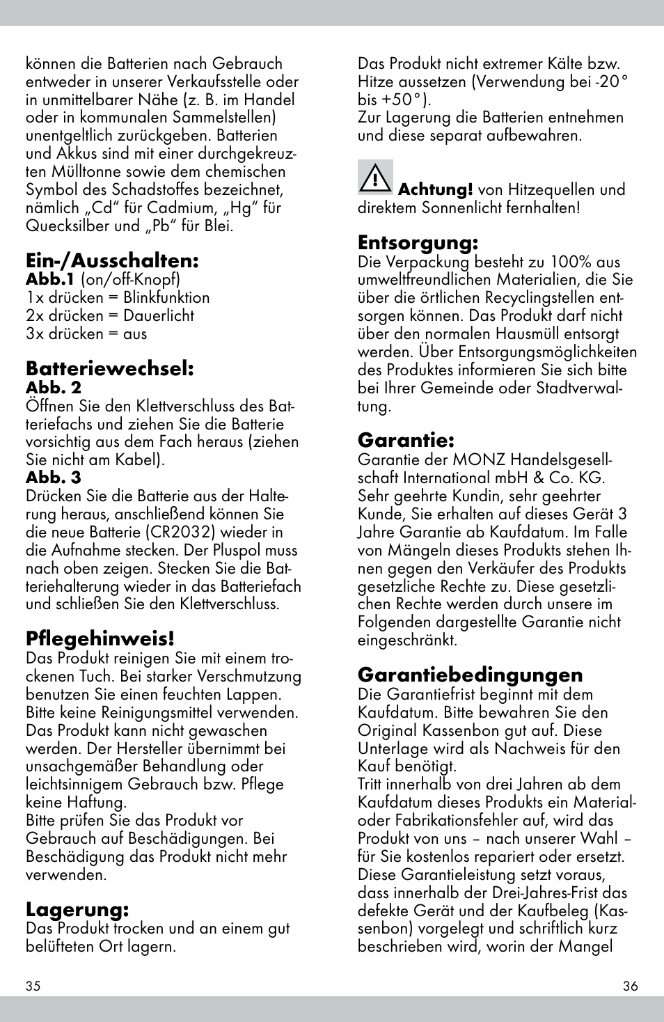 Ein-/ausschalten, Batteriewechsel, Pflegehinweis | Lagerung, Entsorgung, Garantie, Garantiebedingungen | Crivit E81012 User Manual | Page 19 / 21