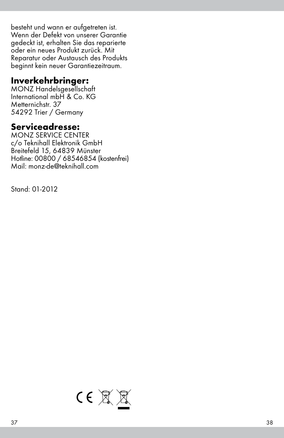 Inverkehrbringer, Serviceadresse | Crivit E81012 User Manual | Page 20 / 21