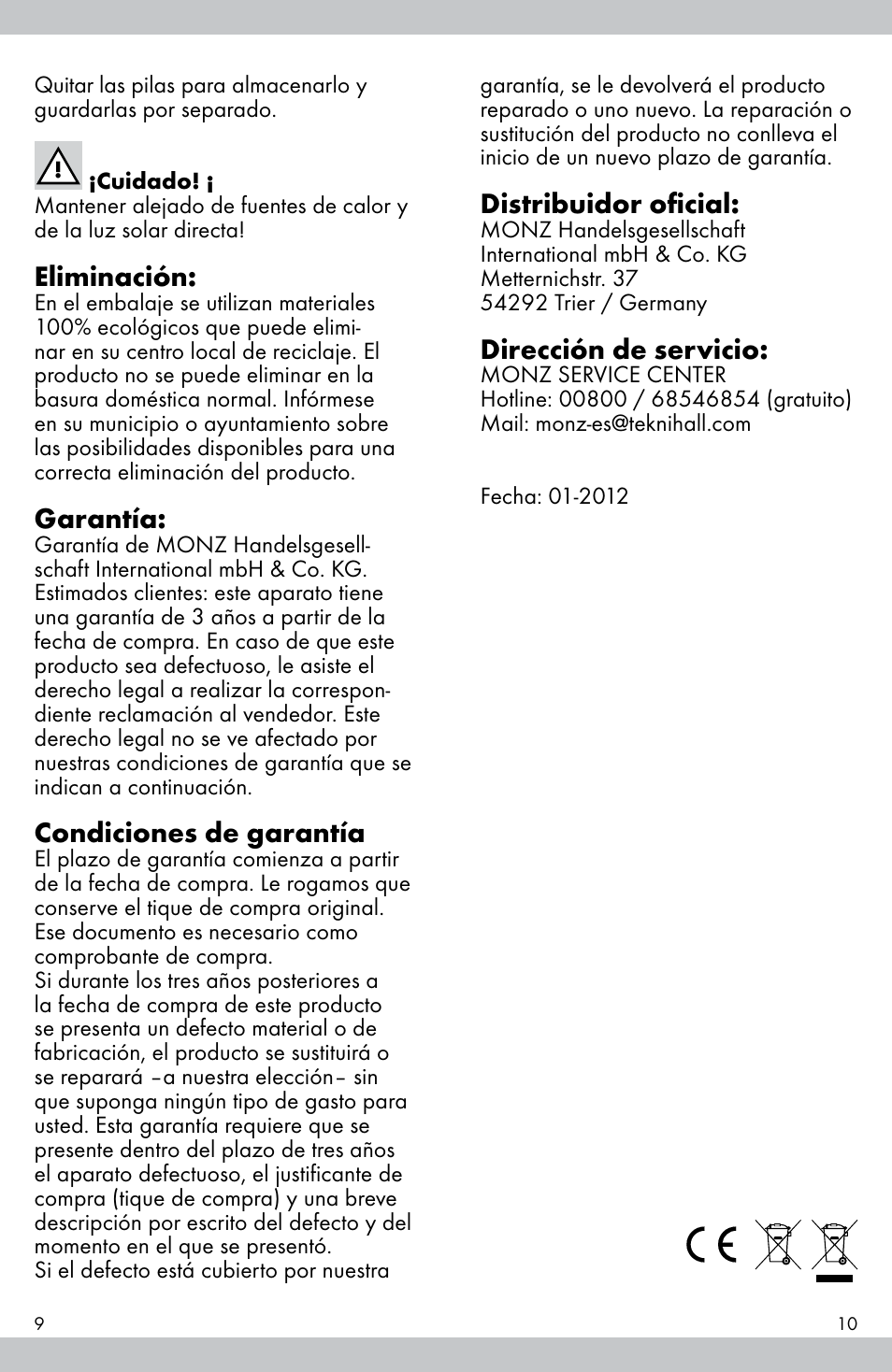 Eliminación, Garantía, Condiciones de garantía | Distribuidor oficial, Dirección de servicio | Crivit E81012 User Manual | Page 6 / 21
