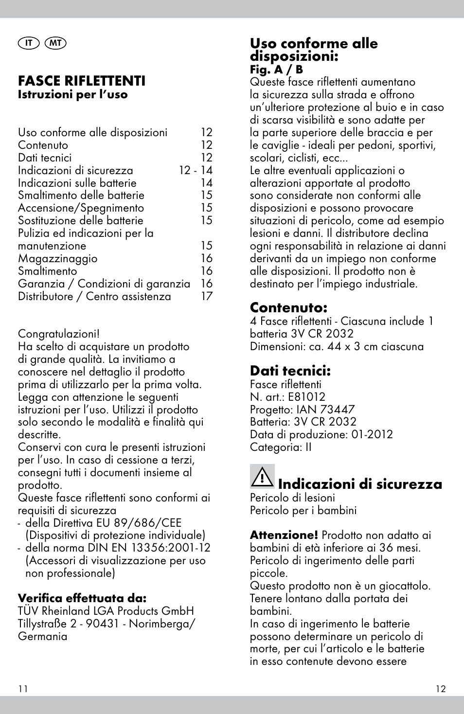Fasce riflettenti, Uso conforme alle disposizioni, Contenuto | Dati tecnici, Indicazioni di sicurezza | Crivit E81012 User Manual | Page 7 / 21