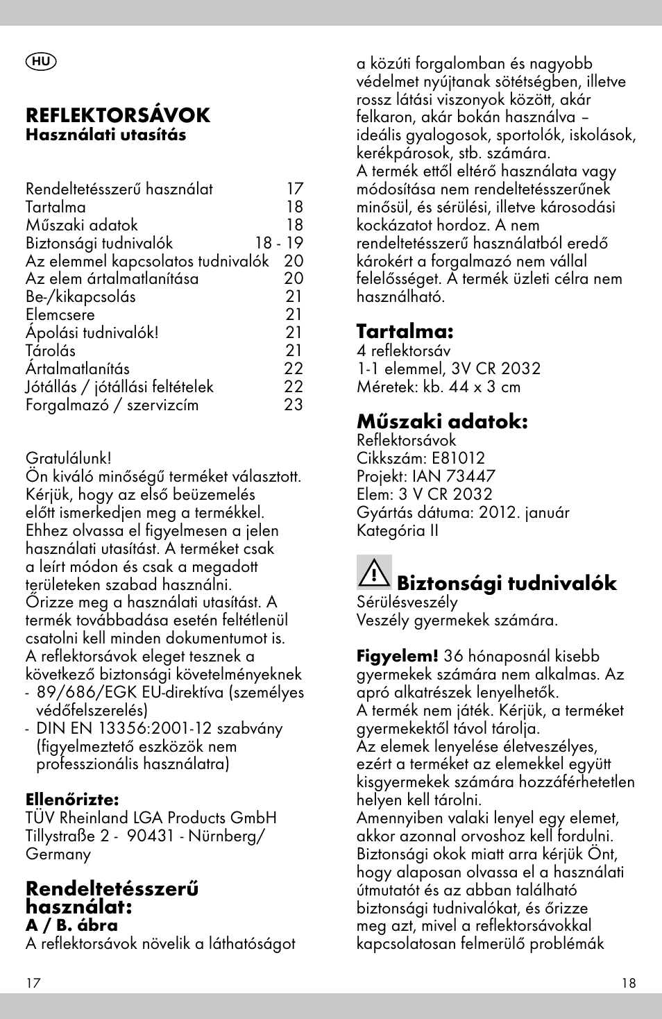 Reflektorsávok, Rendeltetésszerű használat, Tartalma | Műszaki adatok, Biztonsági tudnivalók | Crivit E81012 User Manual | Page 10 / 23