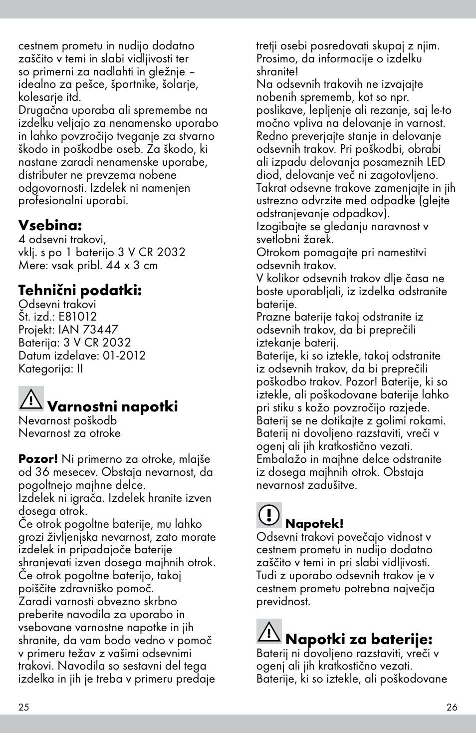 Vsebina, Tehnični podatki, Varnostni napotki | Napotki za baterije | Crivit E81012 User Manual | Page 14 / 23