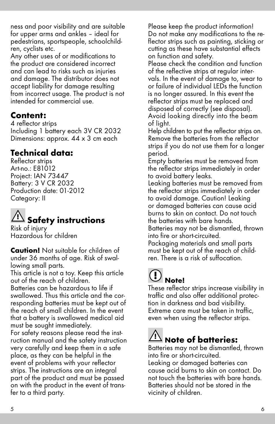 Ote of batteries, Content, Technical data | Safety instructions | Crivit E81012 User Manual | Page 4 / 23