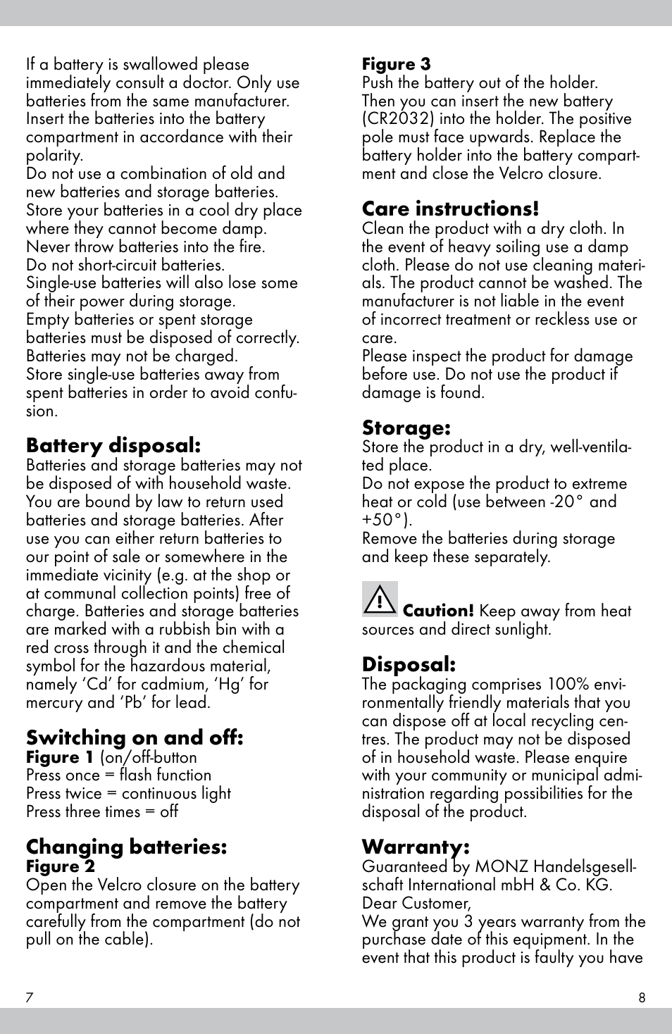 Care instructions, Storage, Disposal | Warranty, Battery disposal, Switching on and off, Changing batteries | Crivit E81012 User Manual | Page 5 / 23