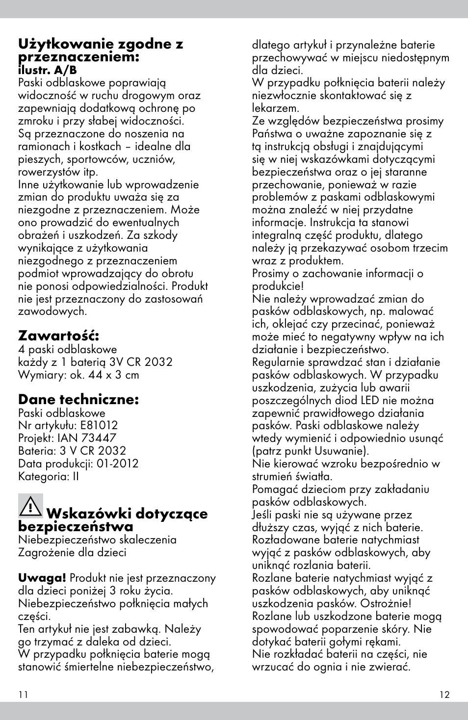 Użytkowanie zgodne z przeznaczeniem, Zawartość, Dane techniczne | Wskazówki dotyczące bezpieczeństwa | Crivit E81012 User Manual | Page 7 / 23