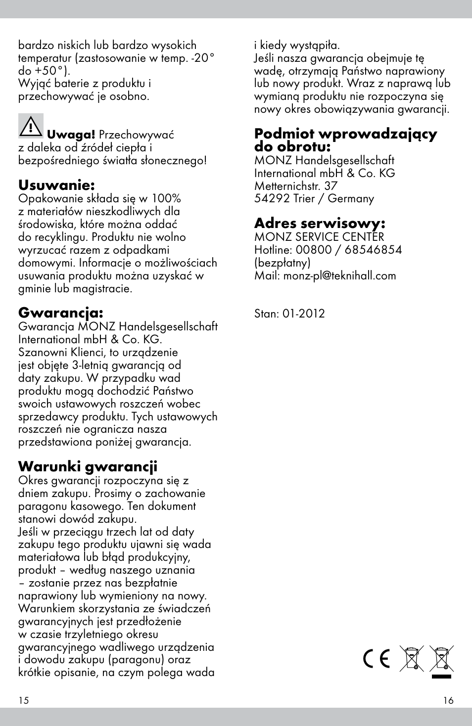 Usuwanie, Gwarancja, Warunki gwarancji | Podmiot wprowadzający do obrotu, Adres serwisowy | Crivit E81012 User Manual | Page 9 / 23