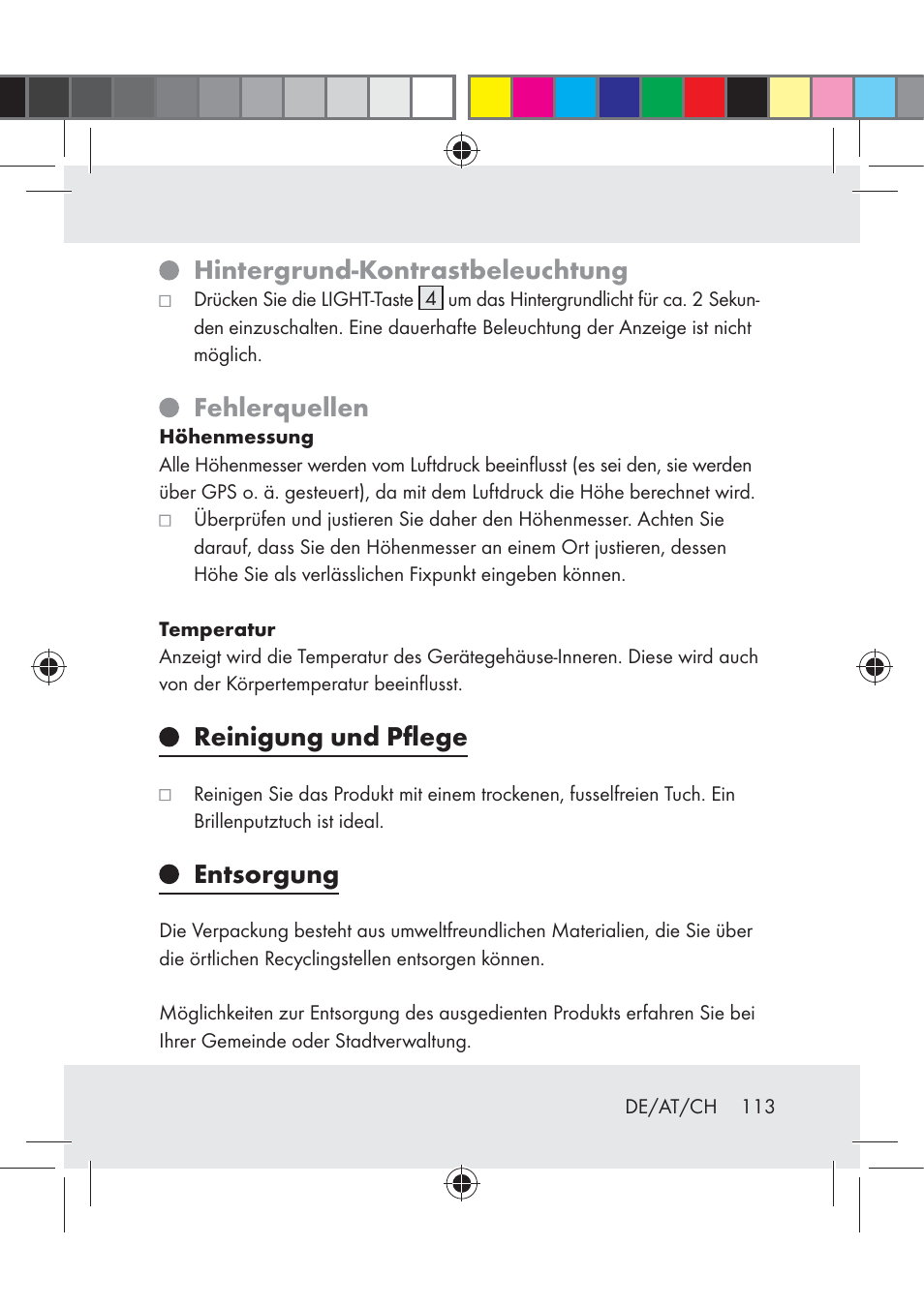 Hintergrund-kontrastbeleuchtung, Fehlerquellen, Reinigung und pﬂege | Entsorgung | Crivit Z31222 User Manual | Page 113 / 115