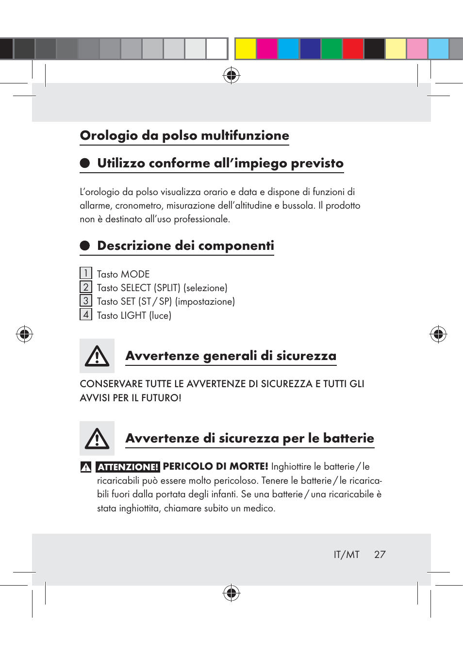 Descrizione dei componenti, Avvertenze generali di sicurezza, Avvertenze di sicurezza per le batterie | Crivit Z31222 User Manual | Page 27 / 115