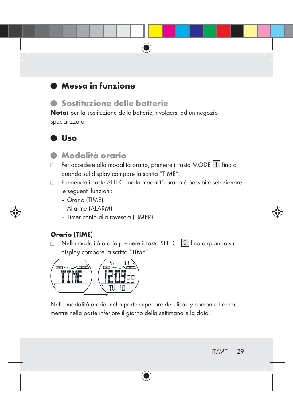 Messa in funzione sostituzione delle batterie, Uso modalità orario | Crivit Z31222 User Manual | Page 29 / 115