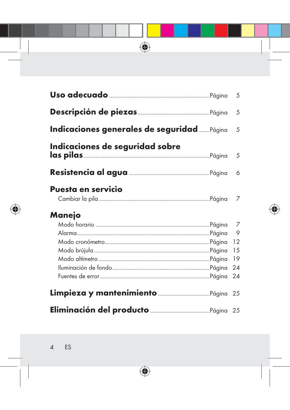 Uso adecuado, Descripción de piezas, Indicaciones generales de seguridad | Indicaciones de seguridad sobre las pilas, Resistencia al agua, Puesta en servicio, Manejo, Limpieza y mantenimiento, Eliminación del producto | Crivit Z31222 User Manual | Page 4 / 115
