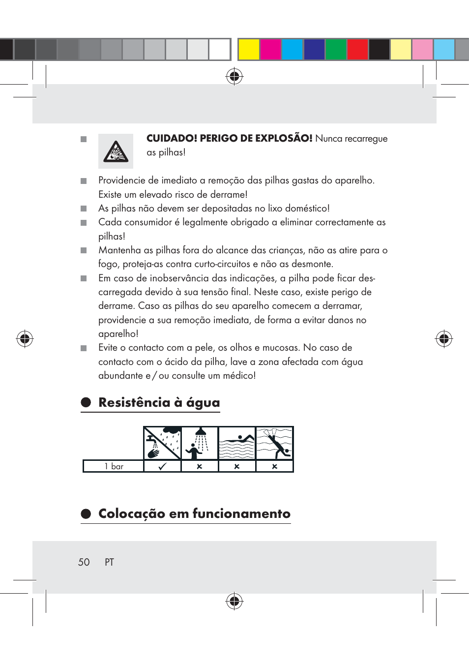 Resistência à água, Colocação em funcionamento | Crivit Z31222 User Manual | Page 50 / 115