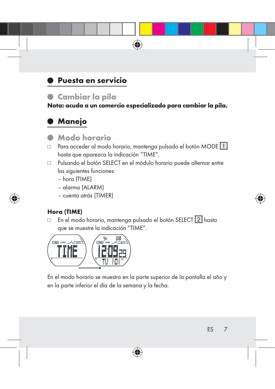 Puesta en servicio cambiar la pila, Manejo modo horario | Crivit Z31222 User Manual | Page 7 / 115