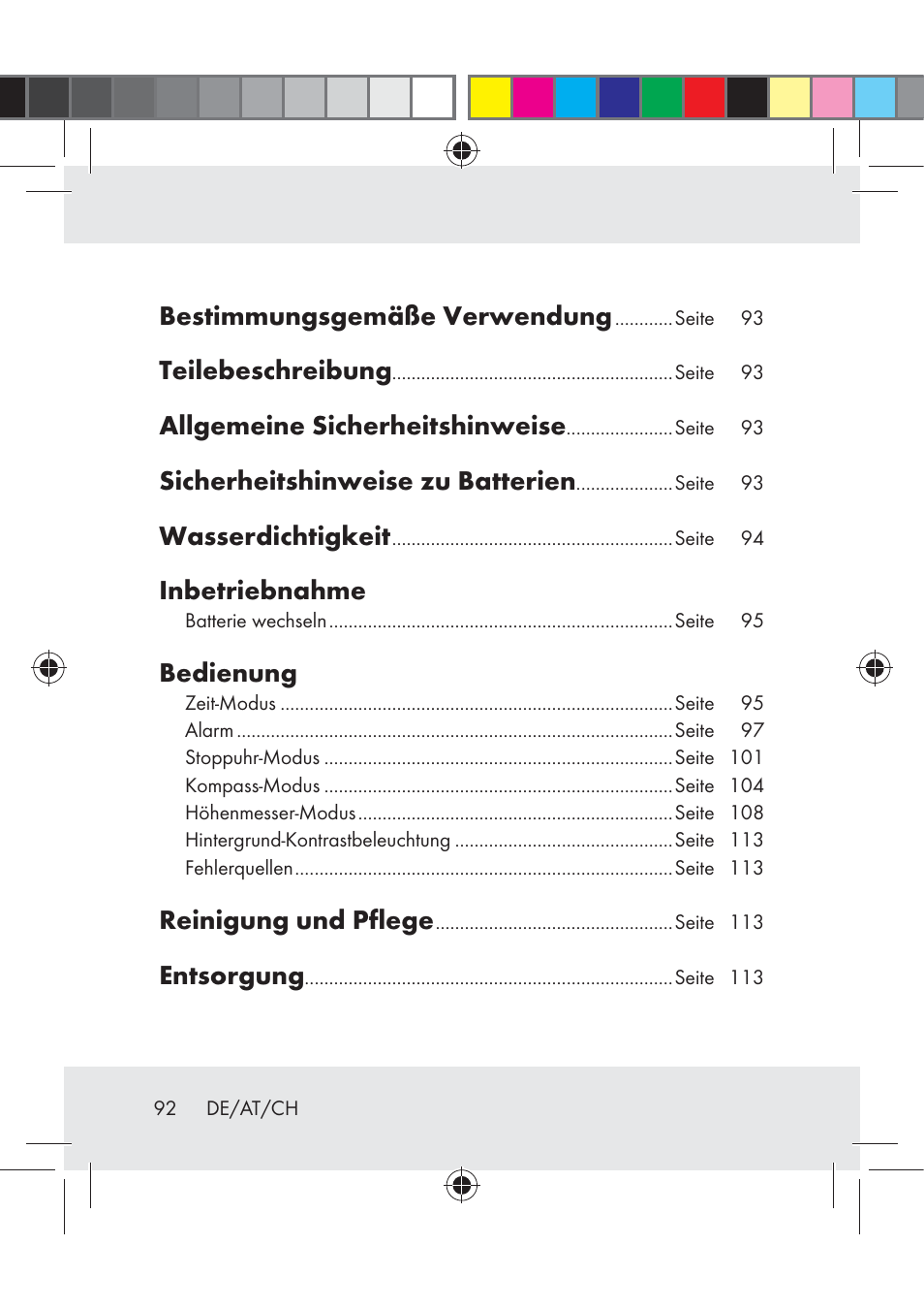 Bestimmungsgemäße verwendung, Teilebeschreibung, Allgemeine sicherheitshinweise | Sicherheitshinweise zu batterien, Wasserdichtigkeit, Inbetriebnahme, Bedienung, Reinigung und pflege, Entsorgung | Crivit Z31222 User Manual | Page 92 / 115