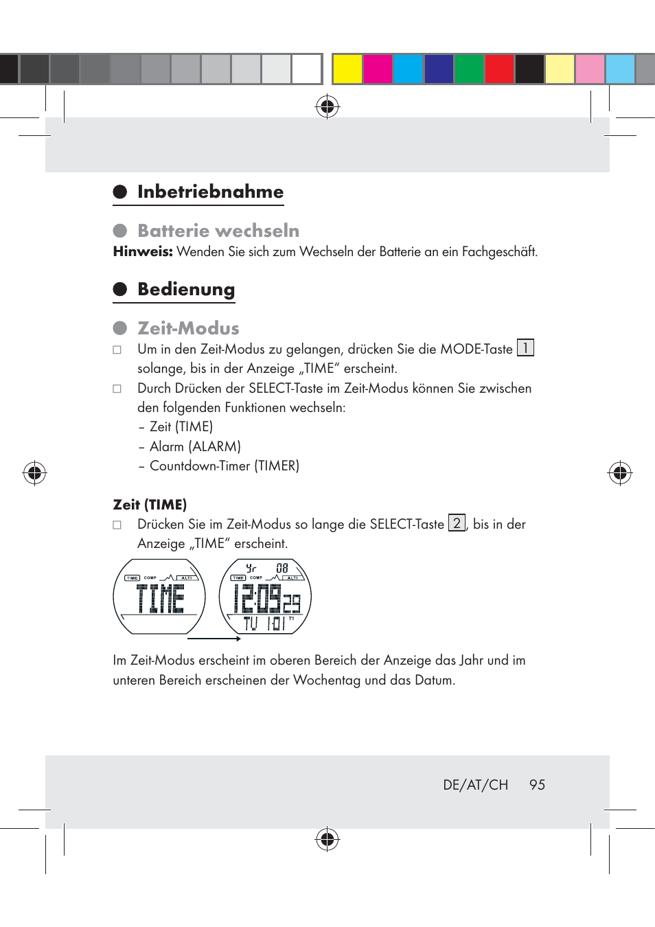 Inbetriebnahme batterie wechseln, Bedienung zeit-modus | Crivit Z31222 User Manual | Page 95 / 115