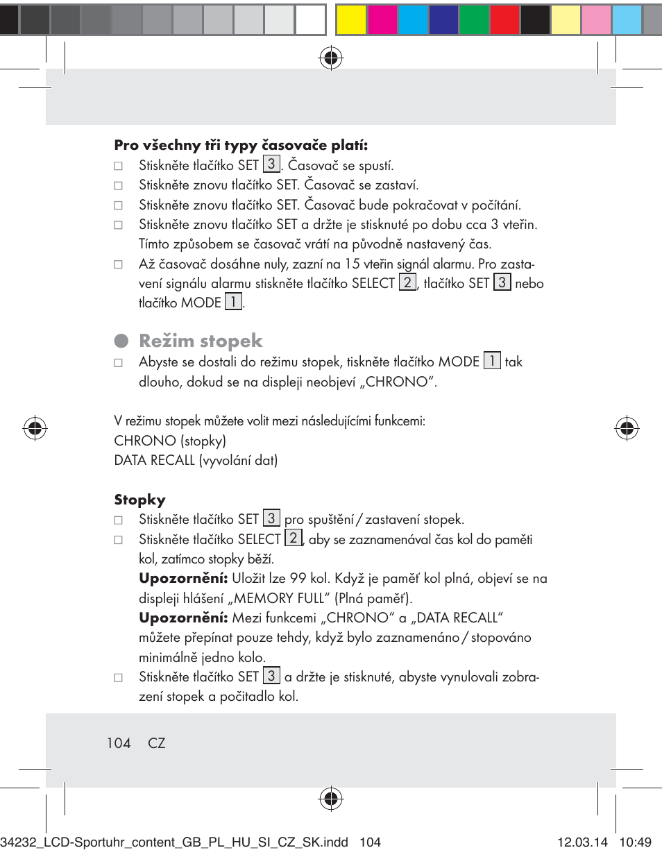 Režim stopek | Crivit Z32130 User Manual | Page 104 / 141