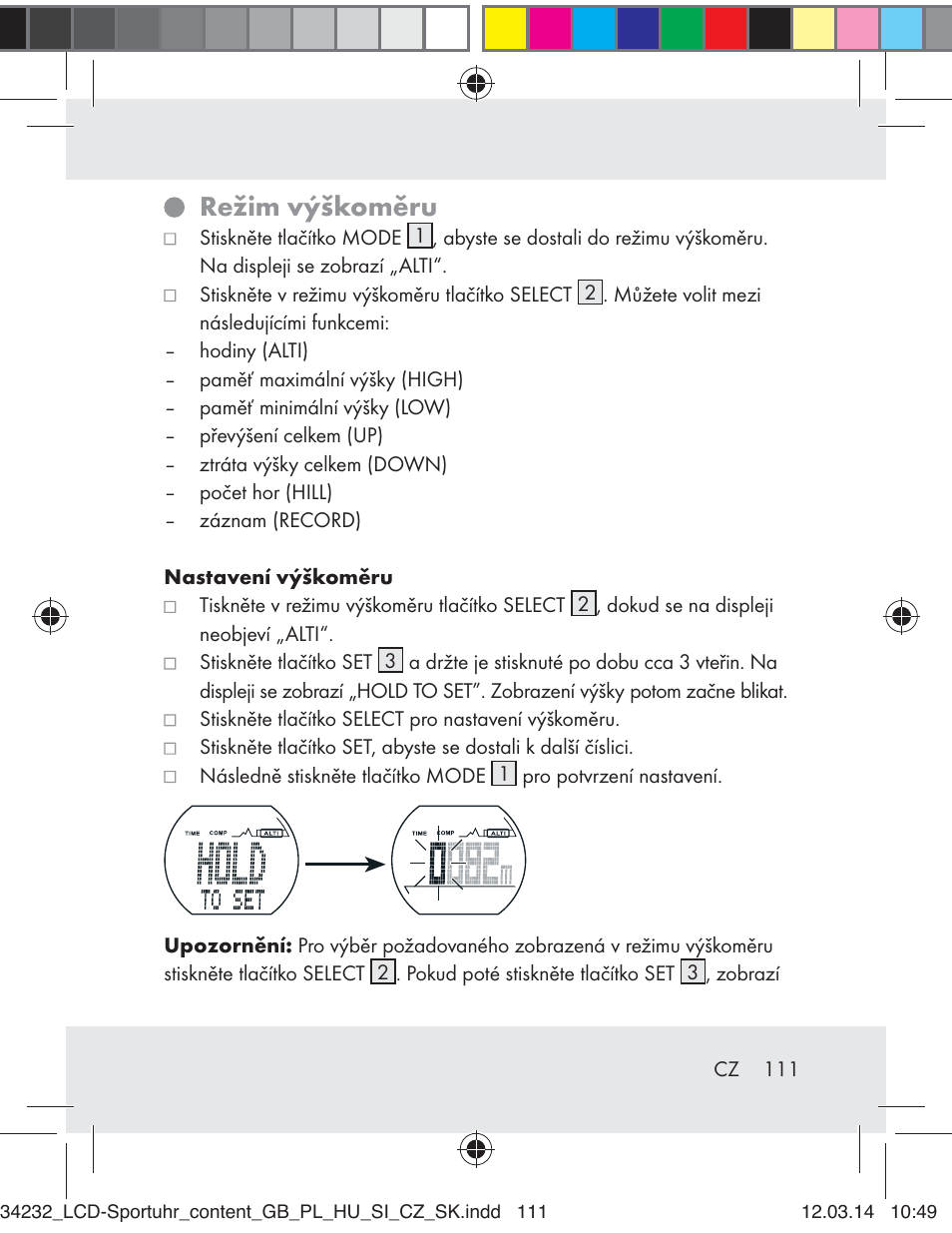 Režim výškoměru | Crivit Z32130 User Manual | Page 111 / 141
