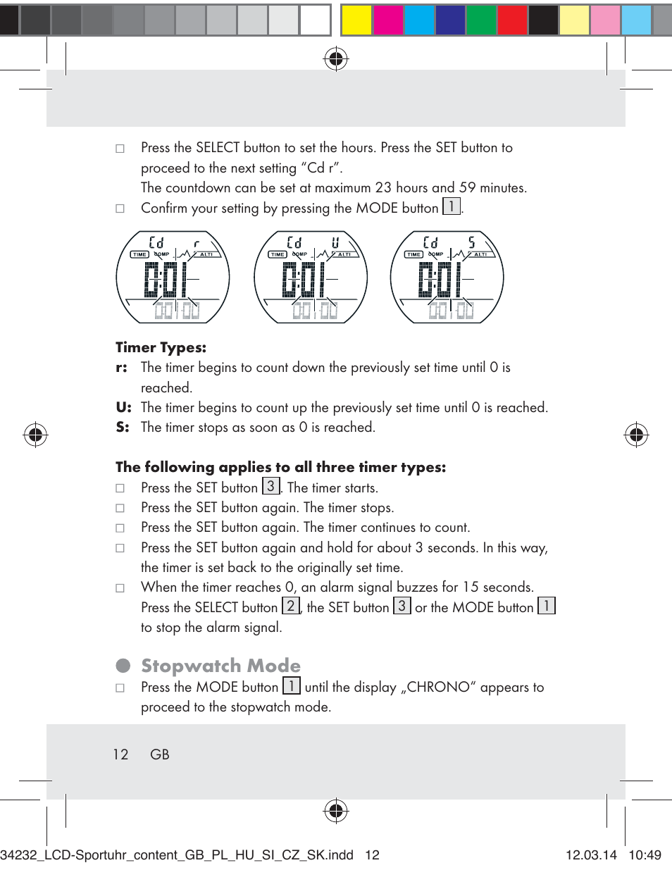 Stopwatch mode | Crivit Z32130 User Manual | Page 12 / 141