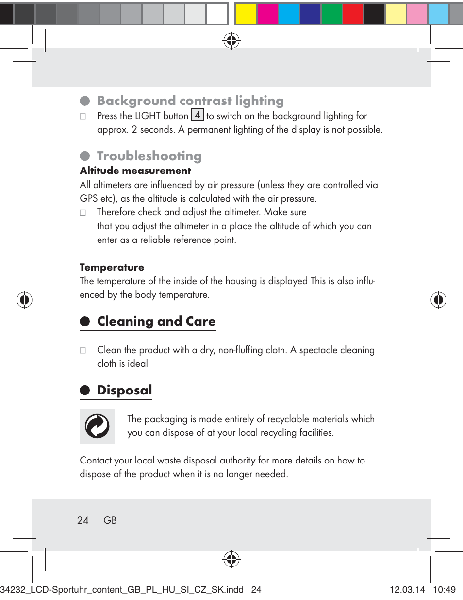 Background contrast lighting, Troubleshooting, Cleaning and care | Disposal | Crivit Z32130 User Manual | Page 24 / 141