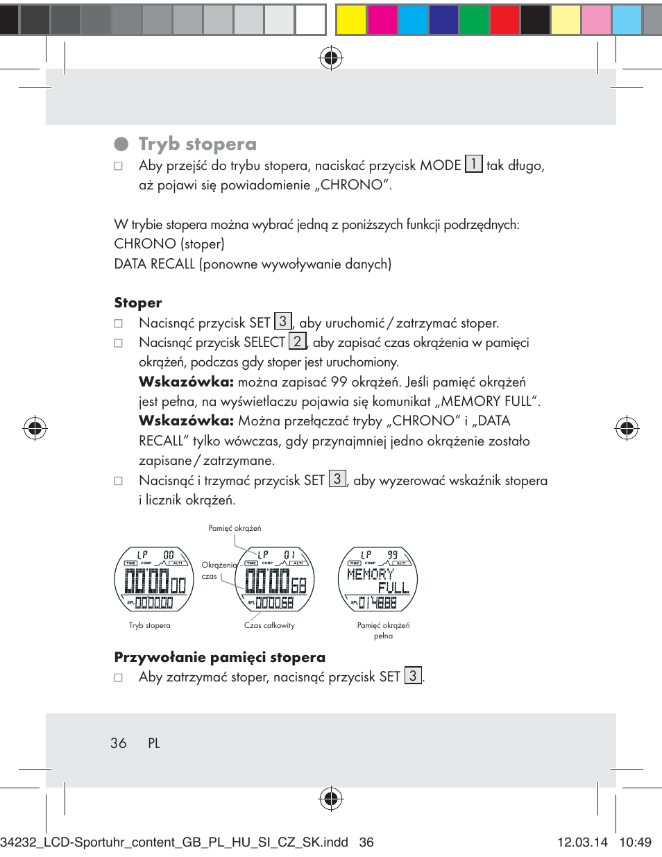 Tryb stopera | Crivit Z32130 User Manual | Page 36 / 141