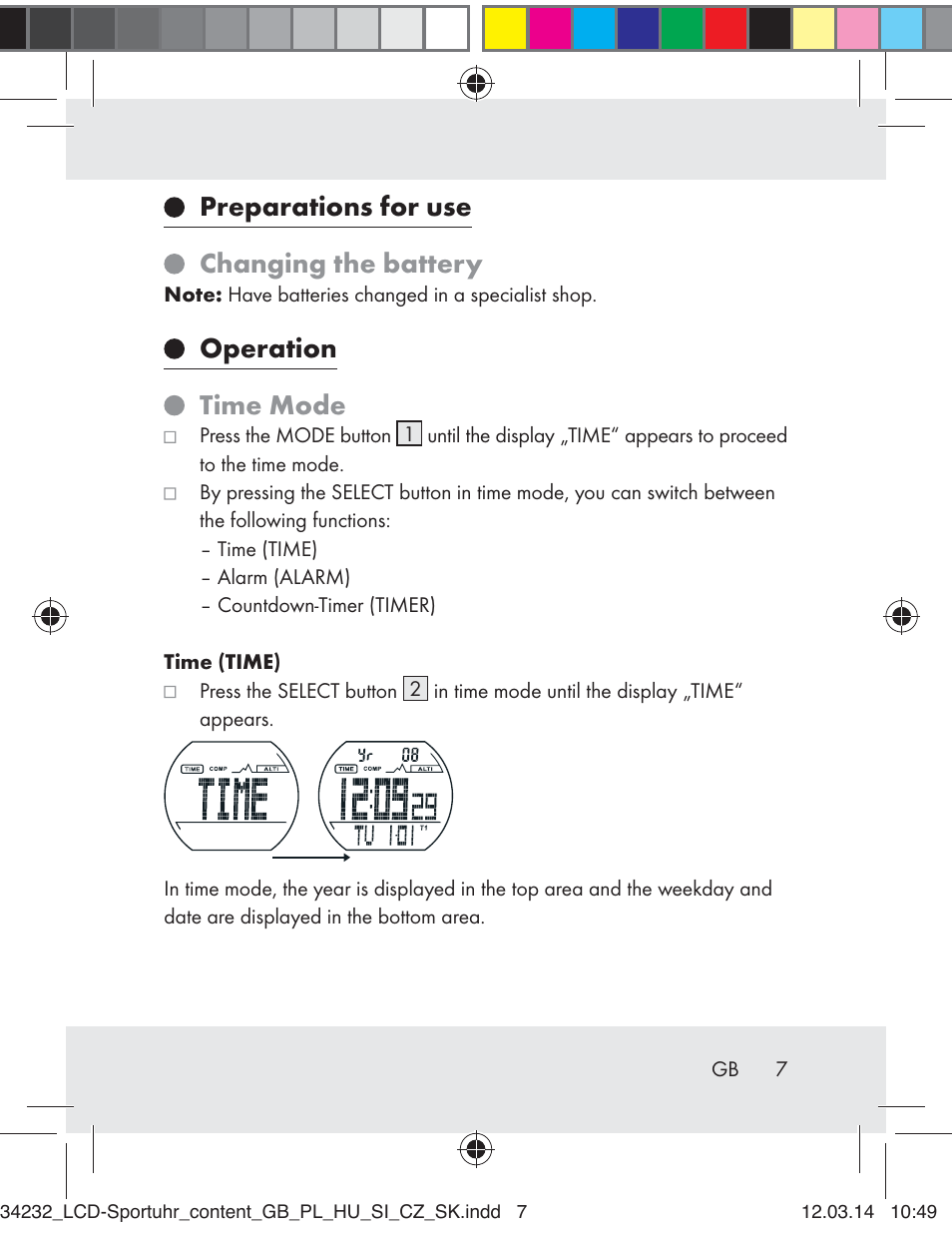 Preparations for use changing the battery, Operation time mode | Crivit Z32130 User Manual | Page 7 / 141