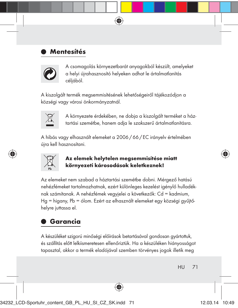 Mentesítés, Garancia | Crivit Z32130 User Manual | Page 71 / 141