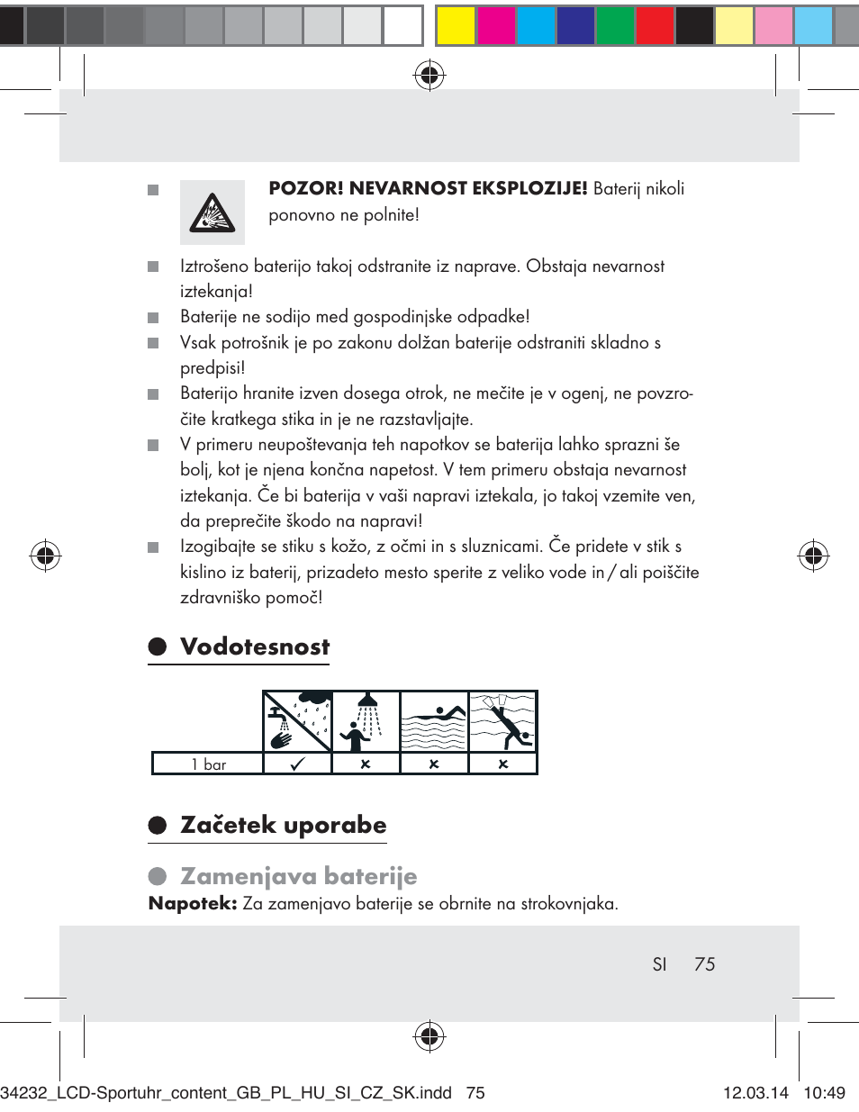 Vodotesnost, Začetek uporabe zamenjava baterije | Crivit Z32130 User Manual | Page 75 / 141