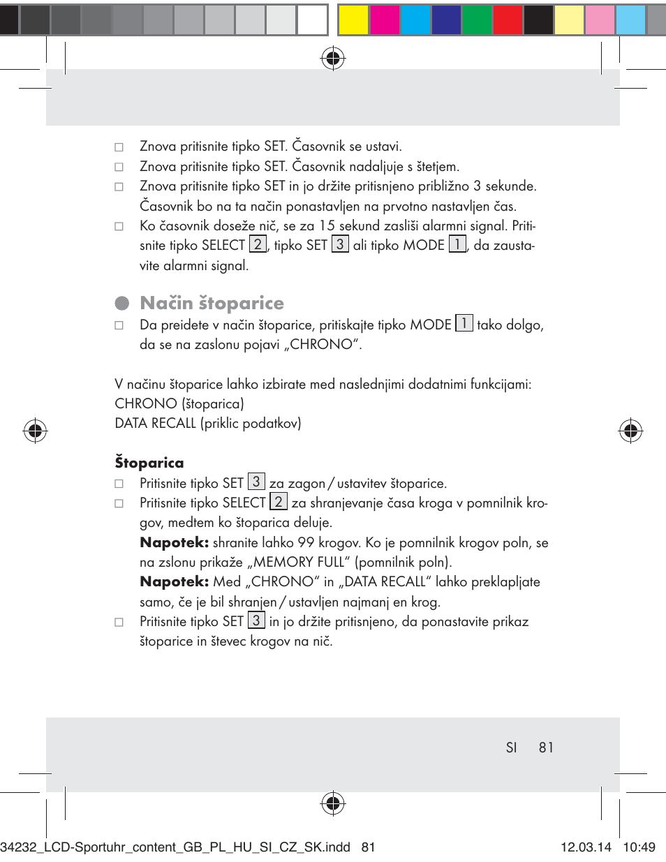 Način štoparice | Crivit Z32130 User Manual | Page 81 / 141