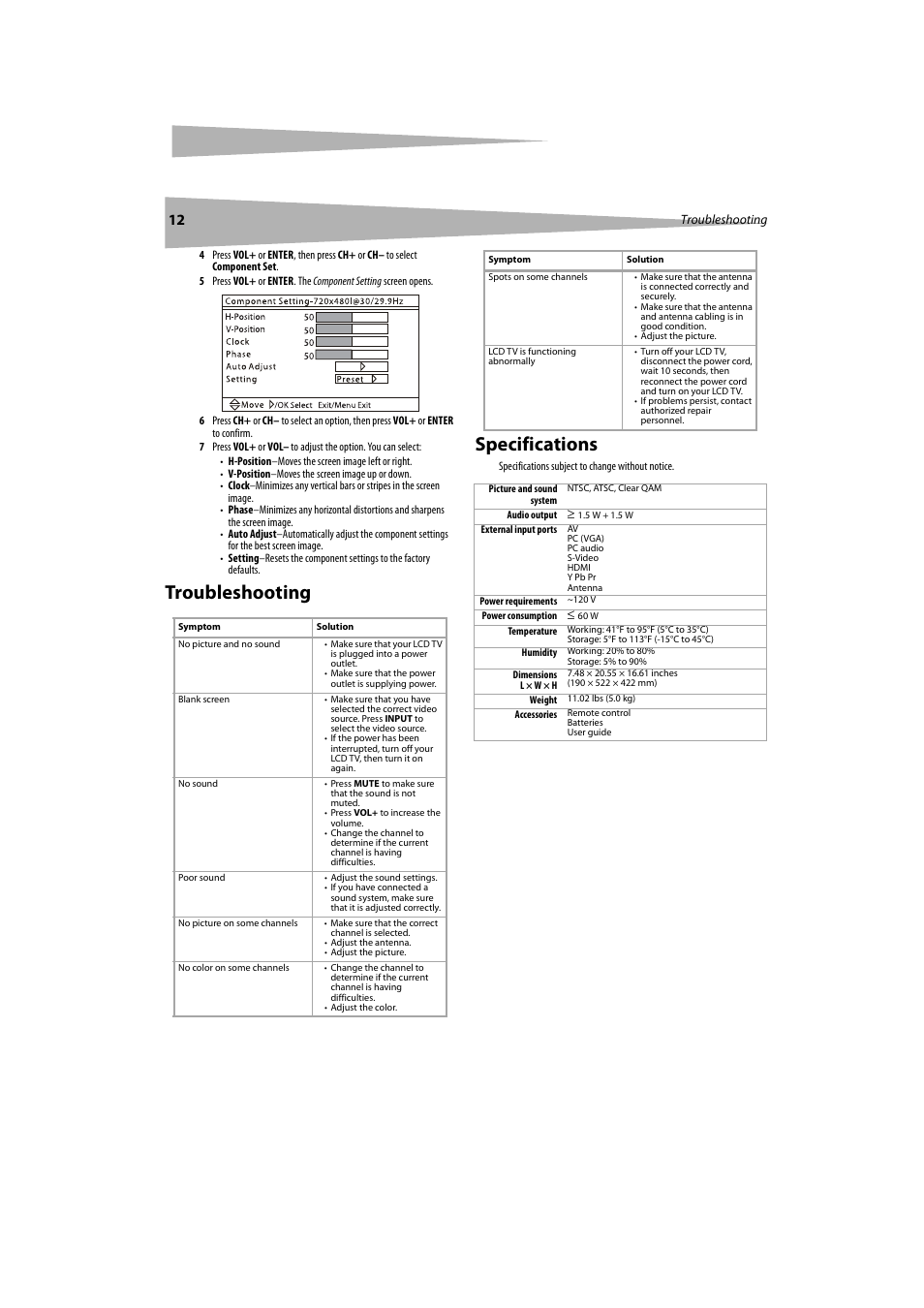 Troubleshooting specifications | Dynex DX-LCDTV19 User Manual | Page 12 / 50