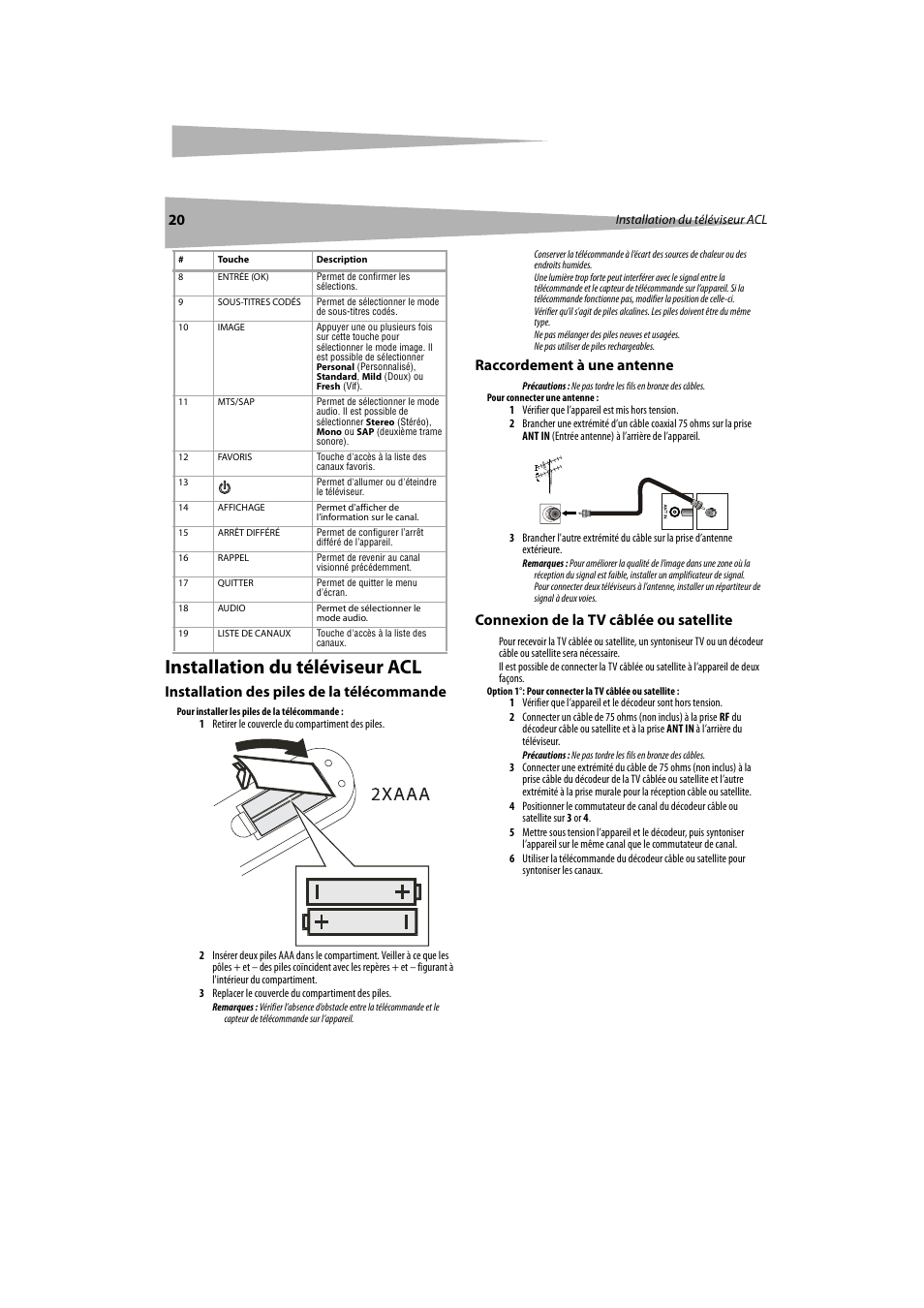 Installation du téléviseur acl, Installation des piles de la télécommande, Raccordement à une antenne | Connexion de la tv câblée ou satellite | Dynex DX-LCDTV19 User Manual | Page 20 / 50