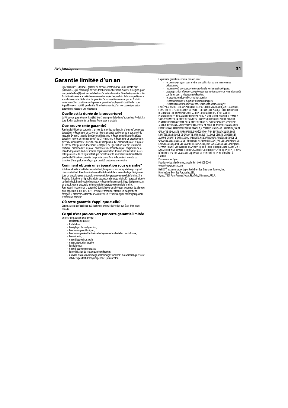 Garantie limitée d’un an | Dynex DX-LCDTV19 User Manual | Page 31 / 50