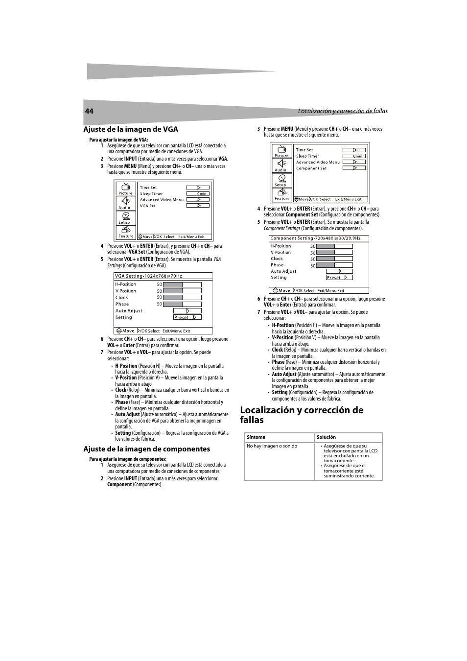 Localización y corrección de fallas | Dynex DX-LCDTV19 User Manual | Page 44 / 50