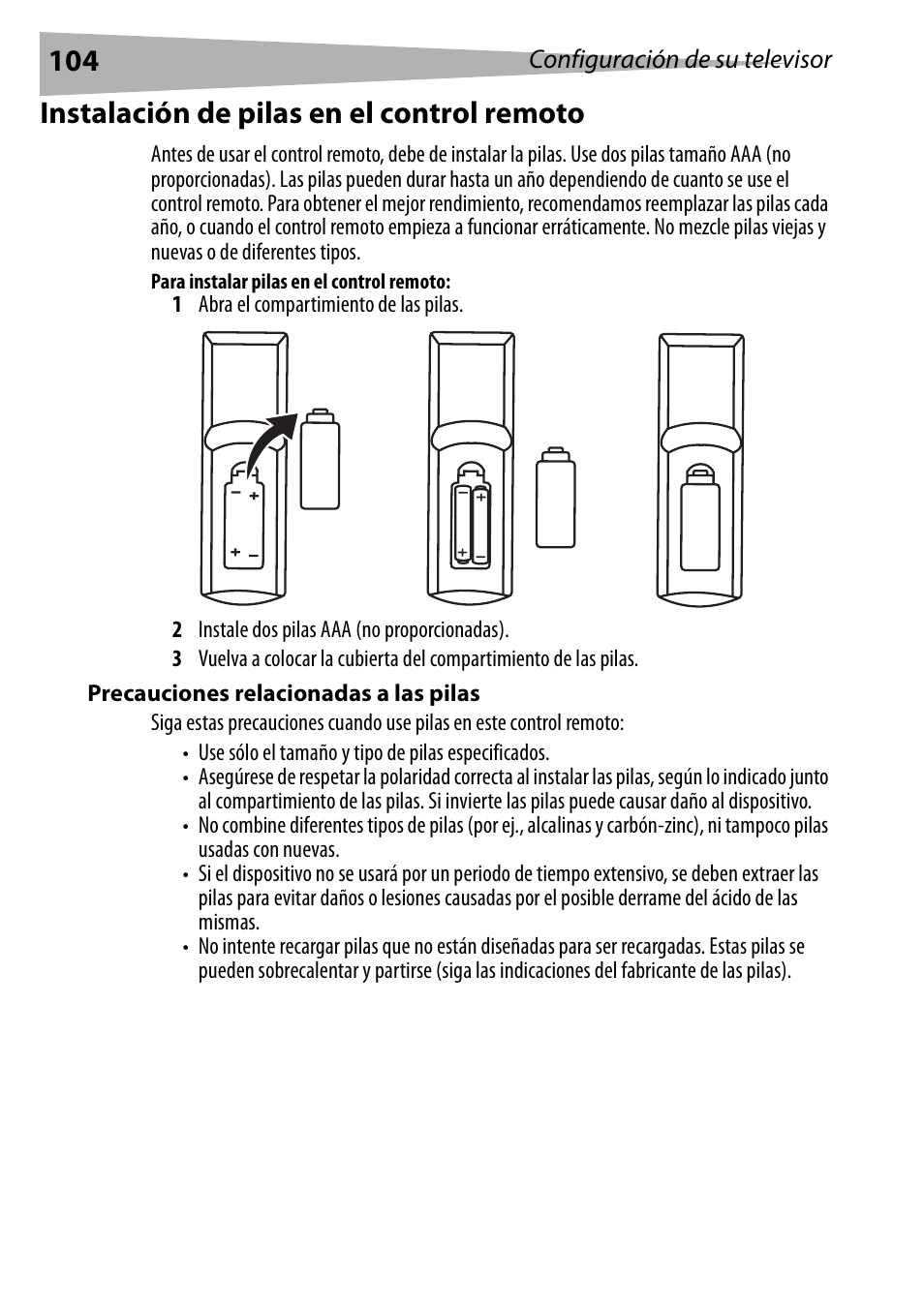 Instalación de pilas en el control remoto, Para instalar pilas en el control remoto, Precauciones relacionadas a las pilas | Dynex DX-R24TV User Manual | Page 104 / 142